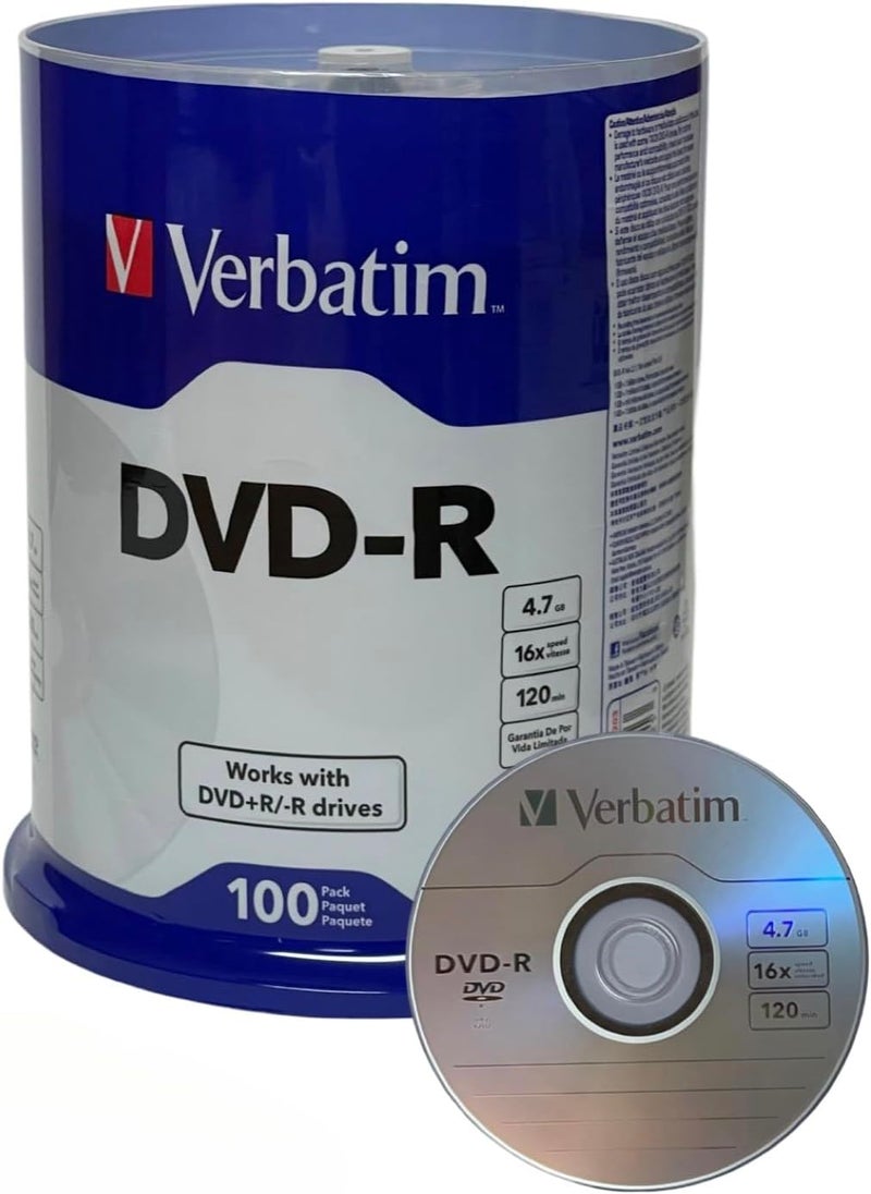 VERBATIM أقراص DVD-R فارغة 16X DVD-R DVR سعة 4.7GB مع شعار العلامة التجارية، 100 حبة في علبة - Image 1